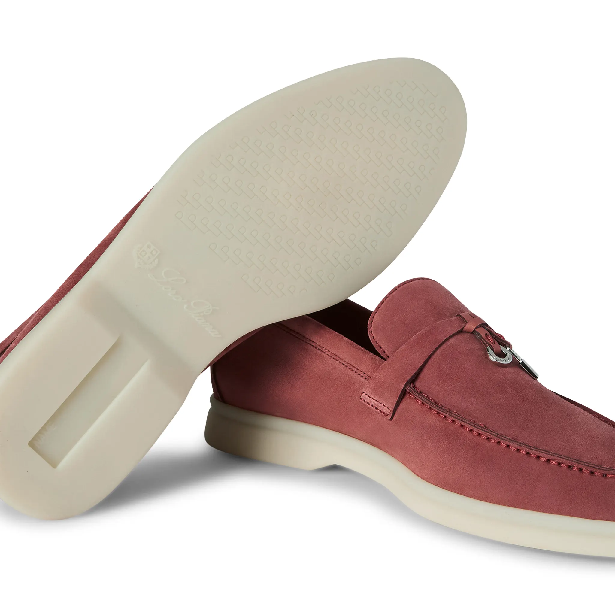 Sole Side View of Loro Piana Summer Charms Suede Red Orchid Loafers FAE5444_R09E